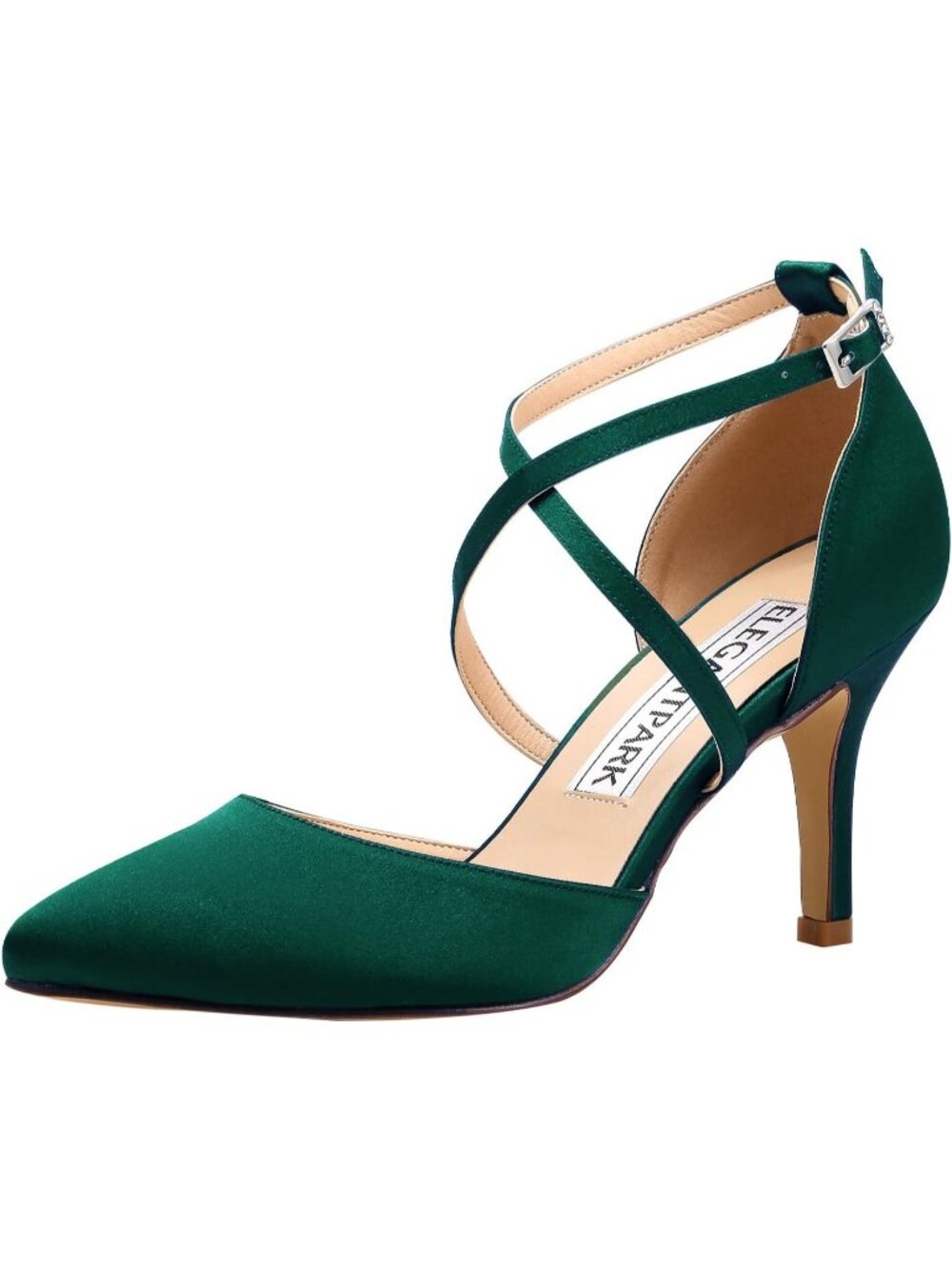 Women's Dark Green Pointed Toe High Heels Pump Strap Satin Wedding Evening Shoes
